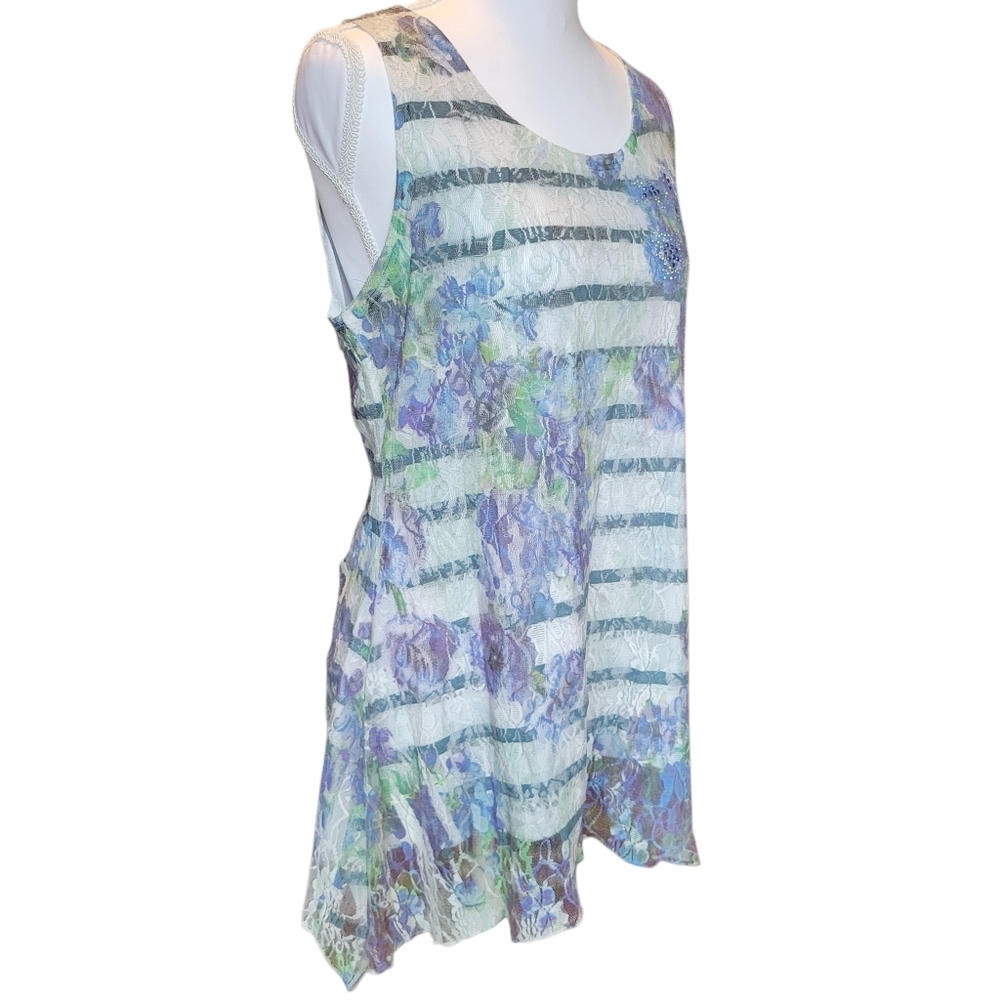 Brittany Black Blue White Lace Floral Embellished Sleeveless Tunic Blouse Top - Picture 2 of 8